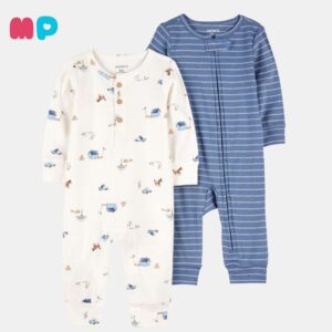 Set de Pijamas Bebé 2 Piezas – Estampado + Rayas Azul
