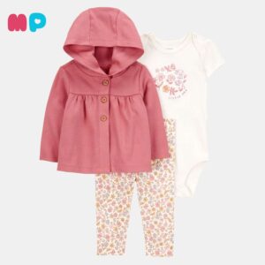 Conjunto Bebé Niña 3 Piezas – Hoodie + Body + Pantalón Floral