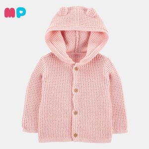 Cardigan Tejido Bebé Rosa con Capucha y Orejitas