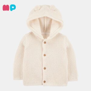 Cardigan Tejido Bebé Beige con Capucha y Orejitas