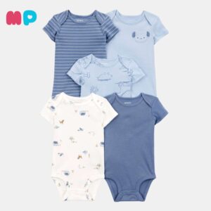 Set de Bodys Bebé 5 Piezas – Tonos Azules y Estampados