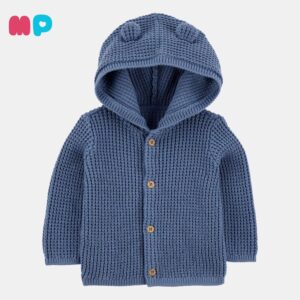 Cardigan Tejido Bebé Azul con Capucha y Orejitas