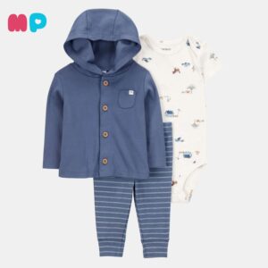 Conjunto Bebé 3 Piezas – Hoodie + Body + Pantalón Azul