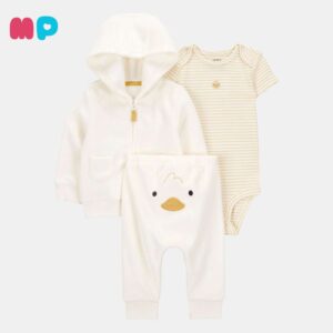 Conjunto Bebé 3 Piezas – Hoodie + Body + Pantalón Blanco