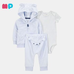 Conjunto Bebé 3 Piezas – Hoodie + Body + Pantalón Azul Claro