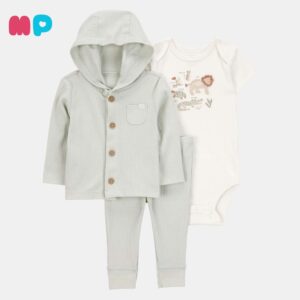 Conjunto Bebé 3 Piezas – Hoodie + Body + Pantalón Verde Claro