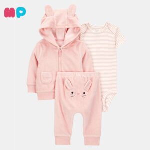 Conjunto Bebé Niña 3 Piezas – Hoodie + Body + Pantalón Rosado