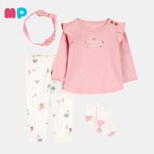 Set Bebé Niña 4 Piezas – Blusa + Pantalón + Diadema + Medias